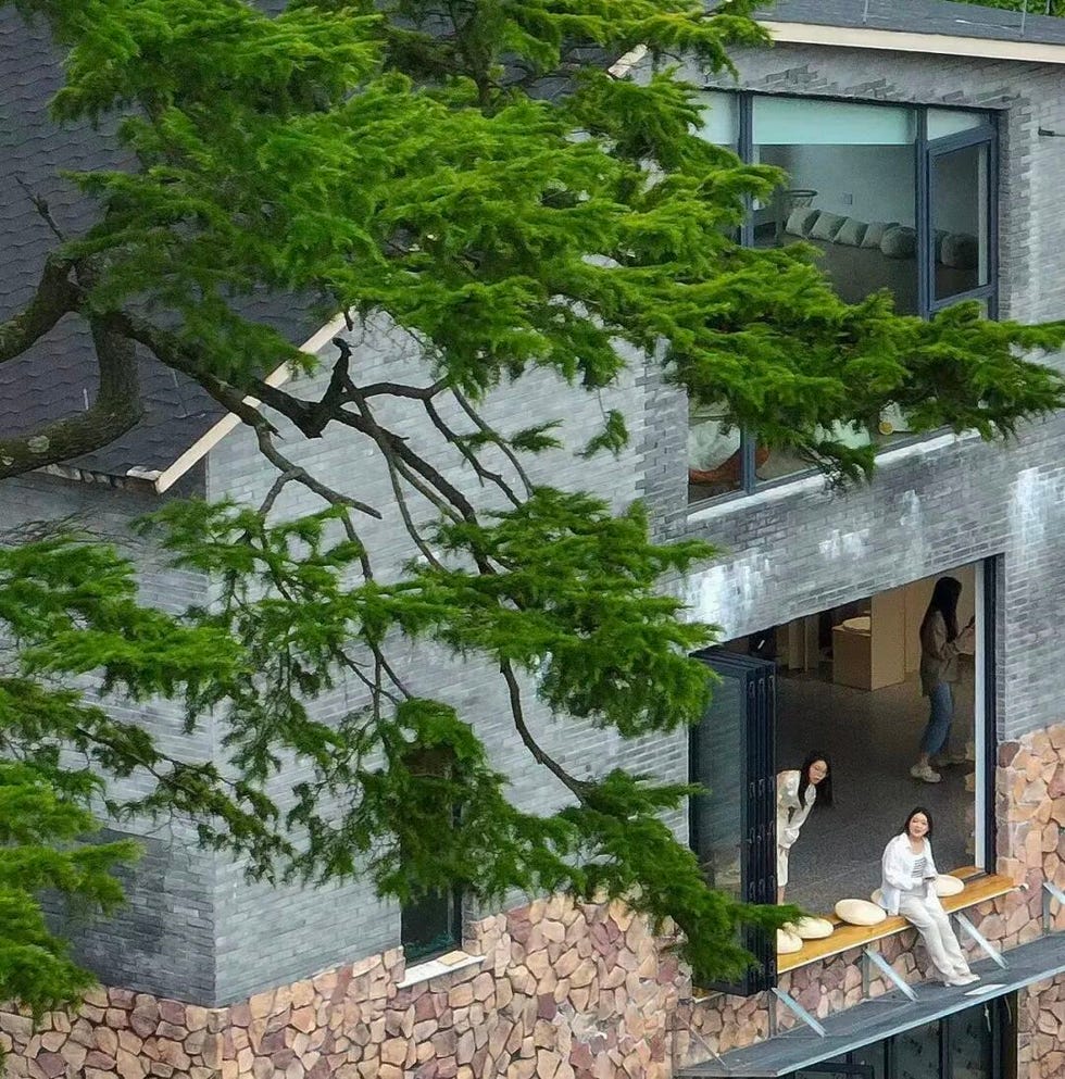 modern architectural design featuring natural elements and people
