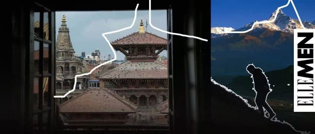 a scene depicting traditional architecture and mountainous landscape