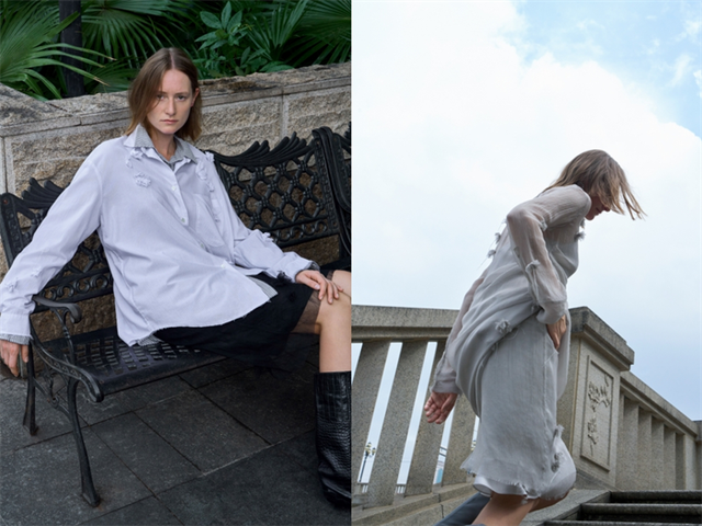 fashion model wearing different outfits in two settings