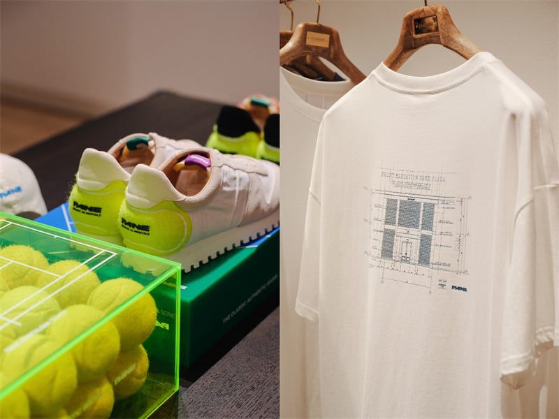 sneakers tennis balls and a tshirt featuring architectural graphics