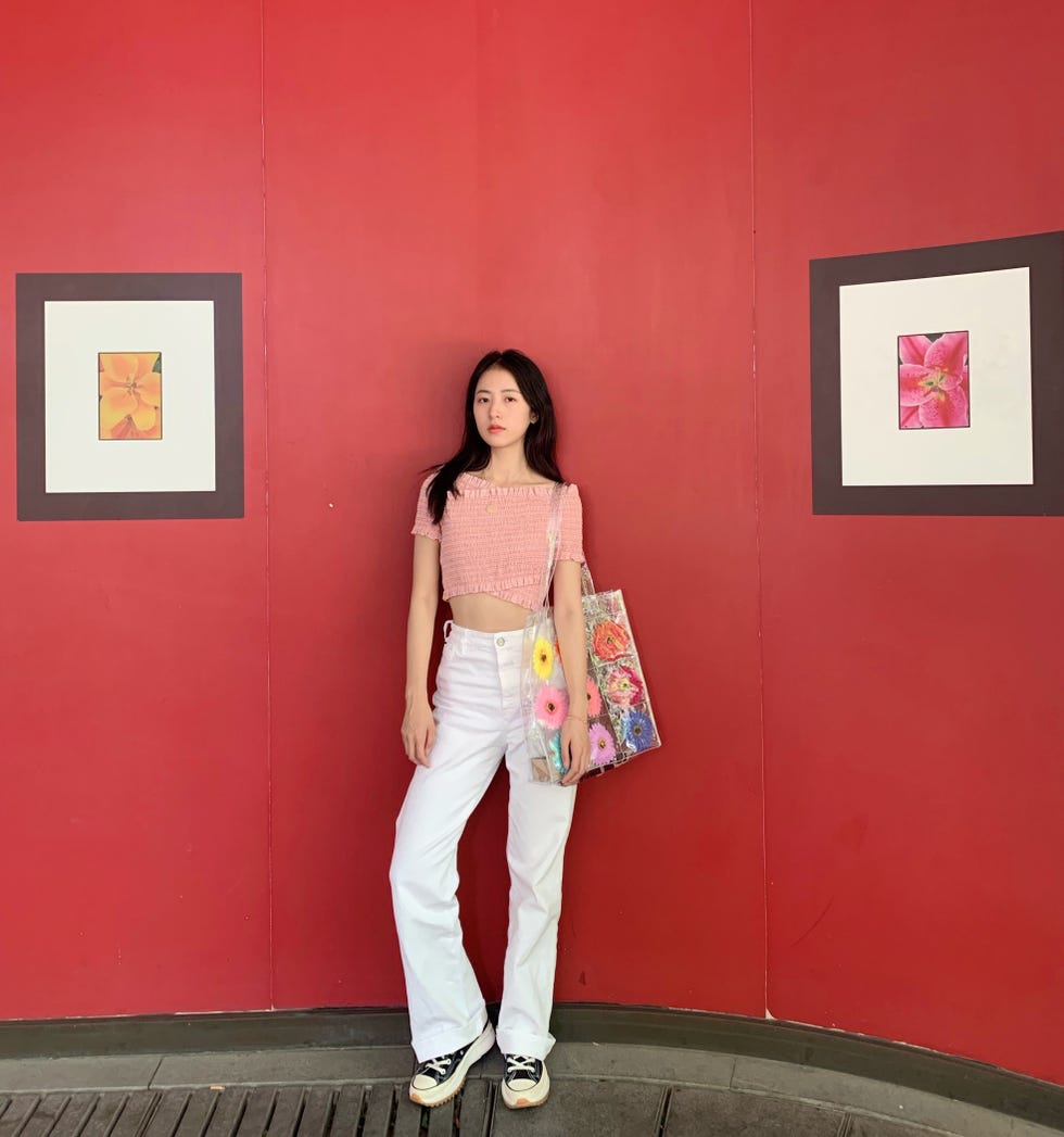 White, Pink, Clothing, Red, Fashion, Standing, Shoulder, Footwear, Denim, Jeans, 