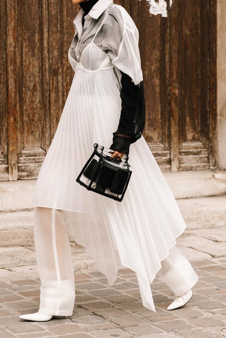 White, Photograph, Clothing, Shoulder, Dress, Fashion, Street fashion, Footwear, Black-and-white, Joint, 