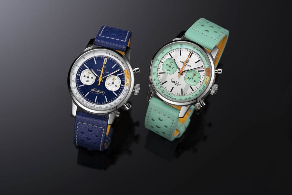 two chronograph watches with different color schemes