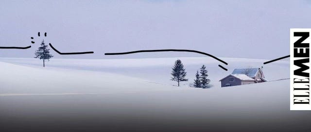 snowcovered landscape with a small house and trees