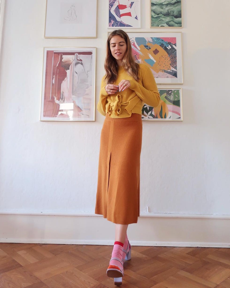Clothing, Yellow, Shoulder, Orange, Fashion, Footwear, Khaki, Waist, Joint, Dress, 