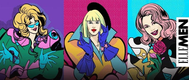 three pop art style illustrations featuring stylized figures with colorful hair and clothing against contrasting backgrounds