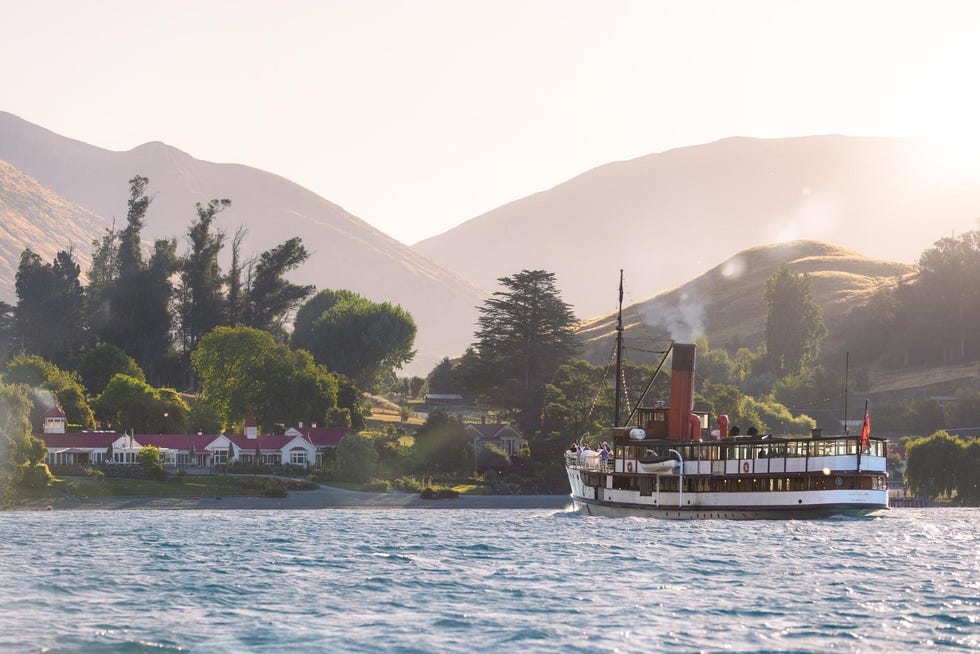 steamship navigating a body of water near a lush landscape
