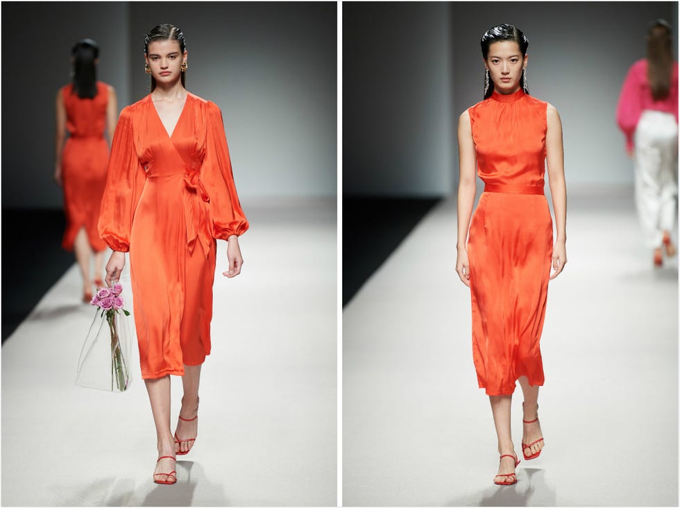 Fashion model, Runway, Fashion, Clothing, Orange, Fashion show, Red, Shoulder, Dress, Fashion design, 