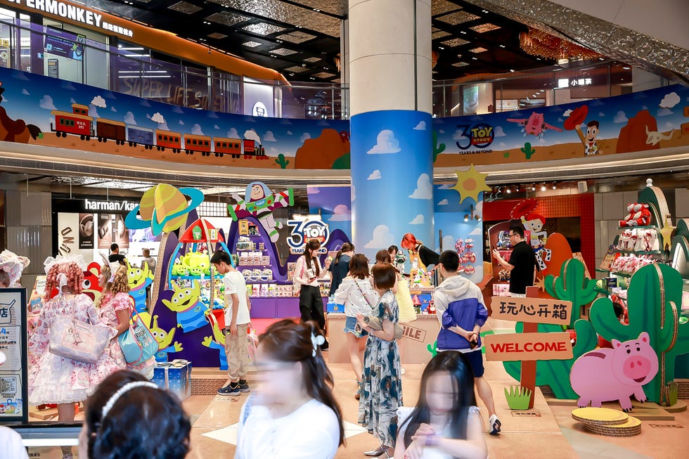 toy store featuring a toy story theme with interactive displays and various products