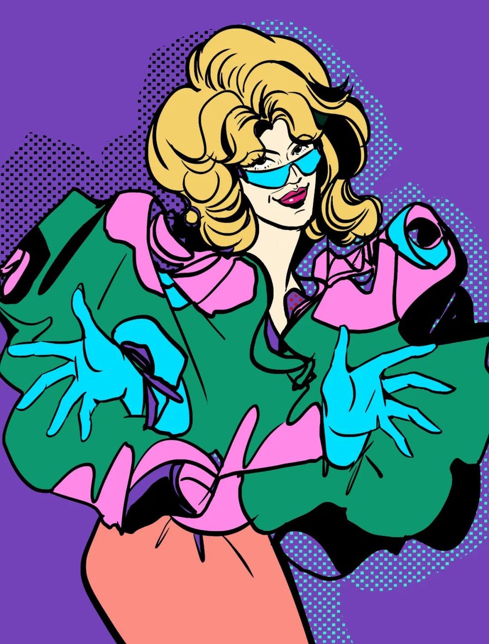 stylized figure wearing colorful clothing with exaggerated features