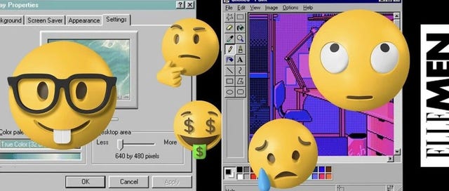 comparison of vintage display settings interface and emoticons representing various emotions