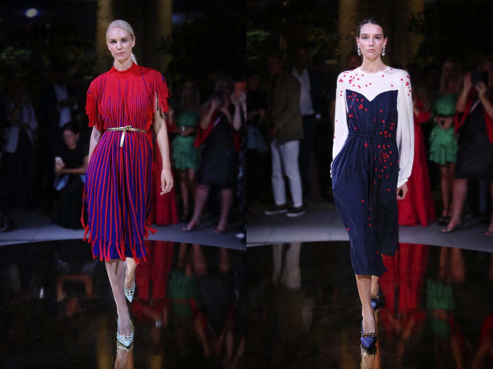 Fashion model, Fashion, Runway, Clothing, Fashion show, Fashion design, Haute couture, Dress, Event, Electric blue, 