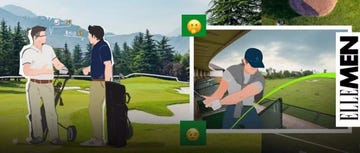 two golfers discussing on a golf course with a practice range view