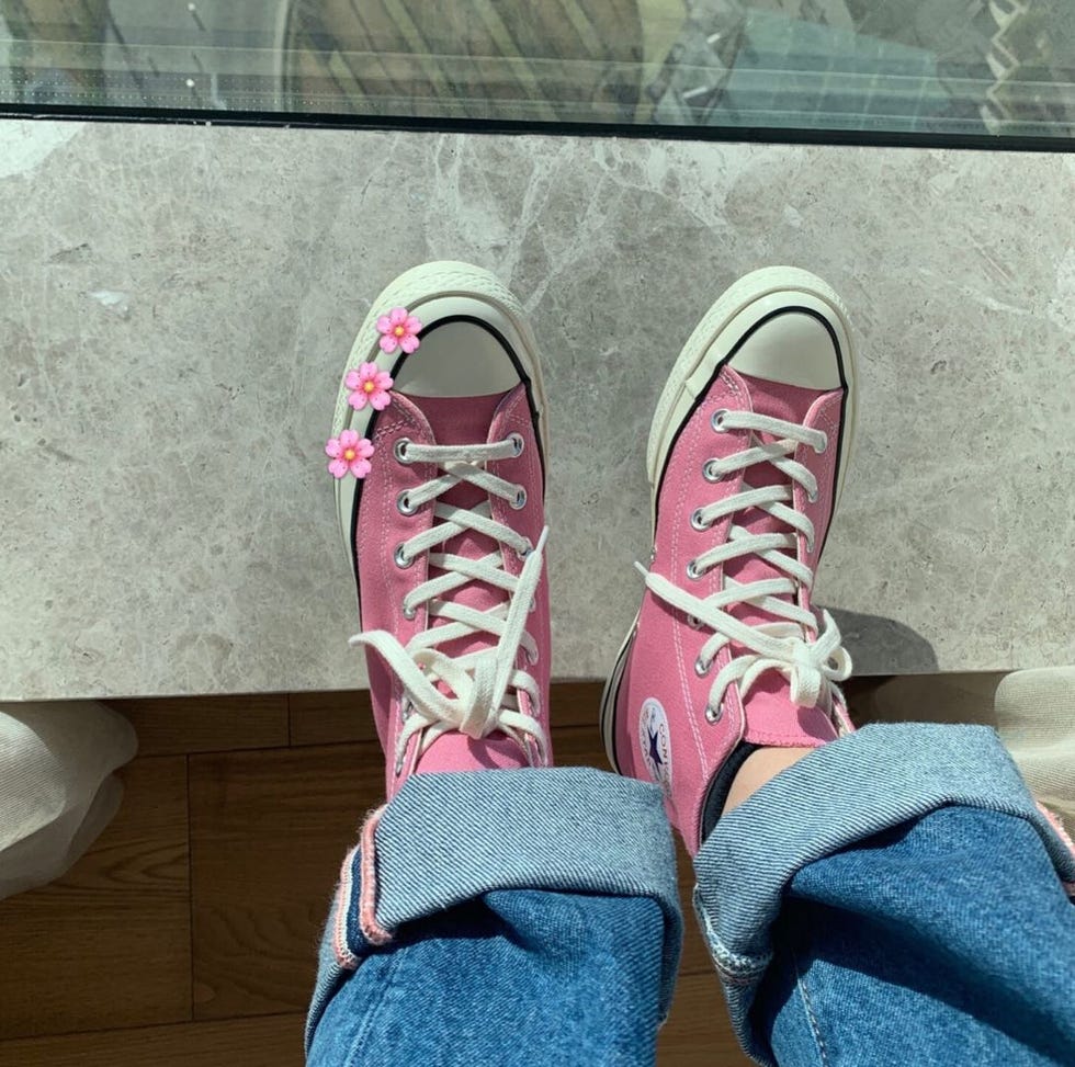 Footwear, Shoe, Pink, Magenta, Sneakers, Cool, Plimsoll shoe, Athletic shoe, Jeans, Plant, 