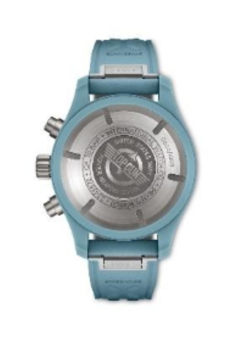 a bluecolored chronograph wristwatch with a stainless steel back