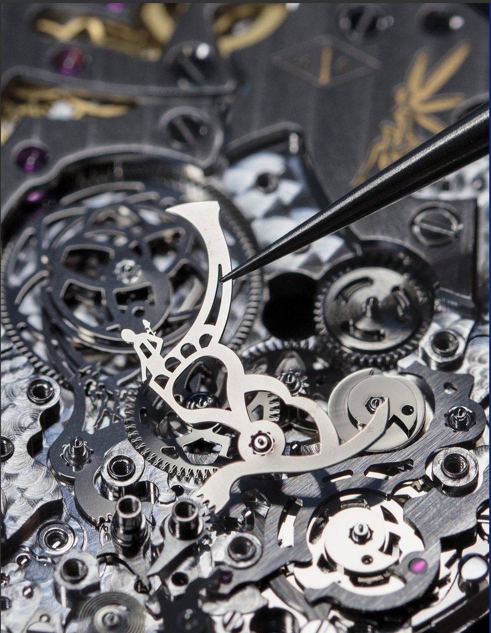 intricate watch mechanism being assembled