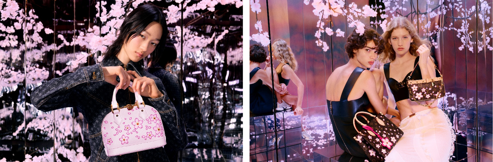 fashion models showcasing designer handbags against a floral backdrop