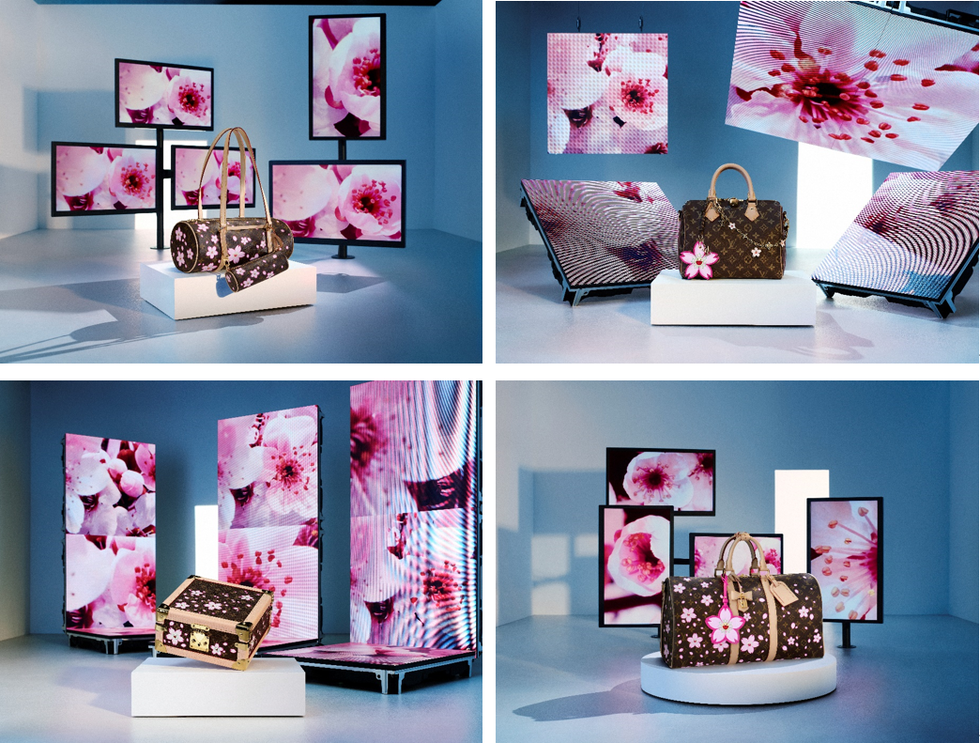 display of luxury bags surrounded by vibrant screens showcasing floral designs