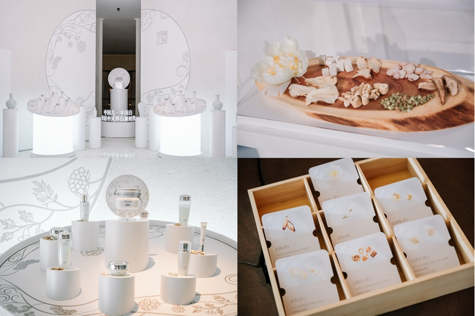display showcasing skincare products and traditional ingredients