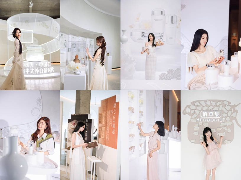 promotional event featuring skincare products with models interacting with displays