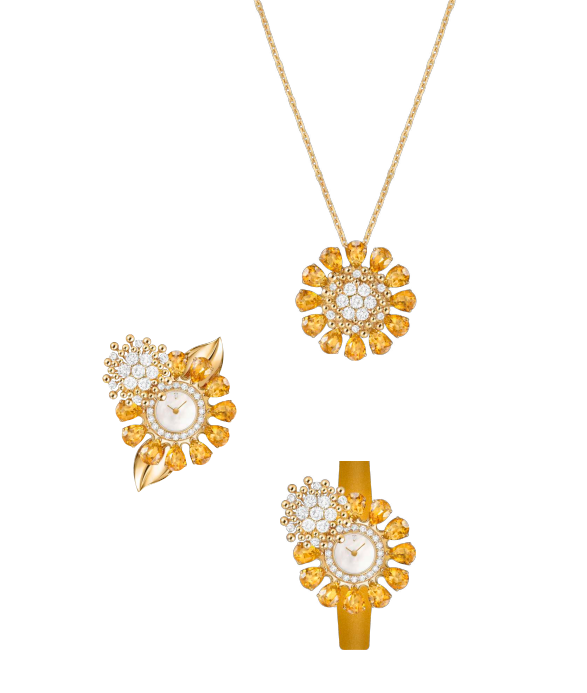 floralthemed jewelry set including a pendant necklace and two wrist accessories