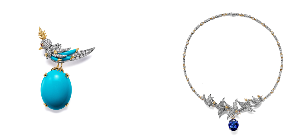 jewelry featuring a bird brooch and a necklace with gemstone accents