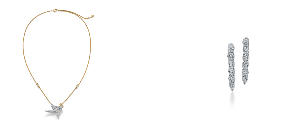necklace with a birdshaped pendant and sparkling earrings