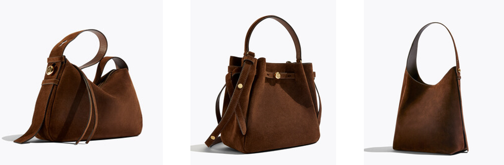 brown suede handbag with intricate design features