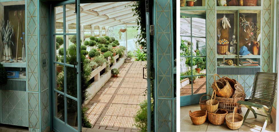 greenhouse interior featuring potted plants and decorative elements