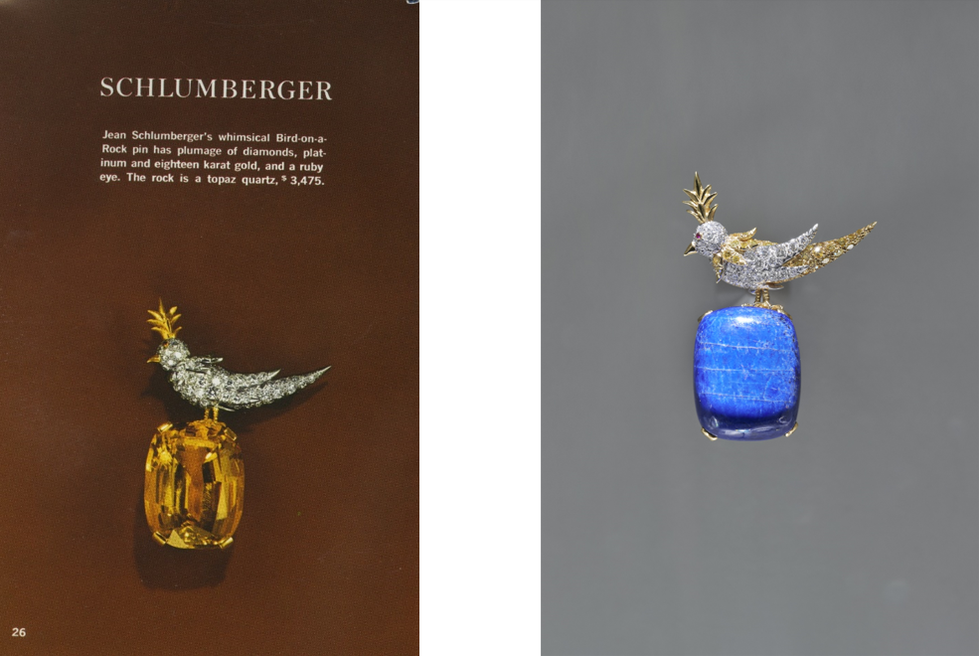 jewelry pin featuring a bird design with colorful gemstones