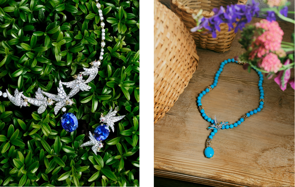 two distinct necklaces displayed against contrasting backgrounds