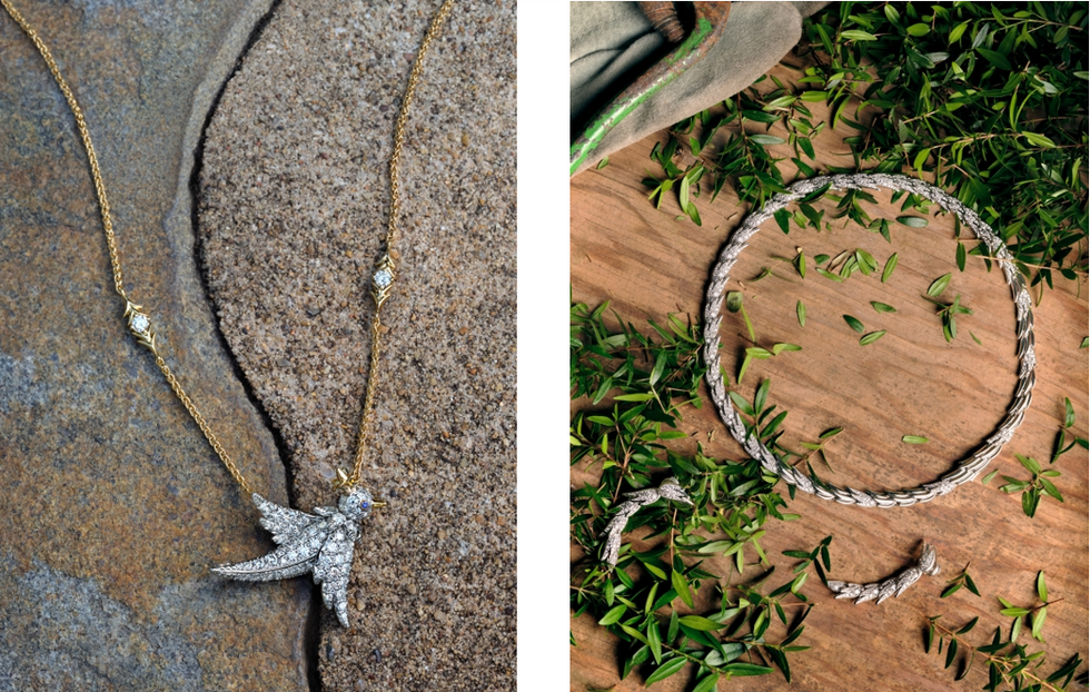 jewelry display featuring a gold bird pendant necklace and a silver braided choker