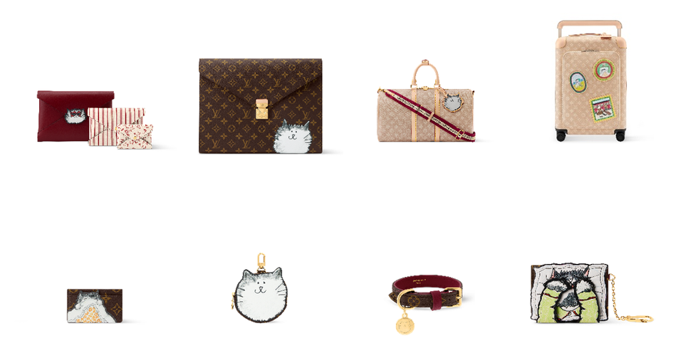 collection of designer bags and accessories featuring cat illustrations