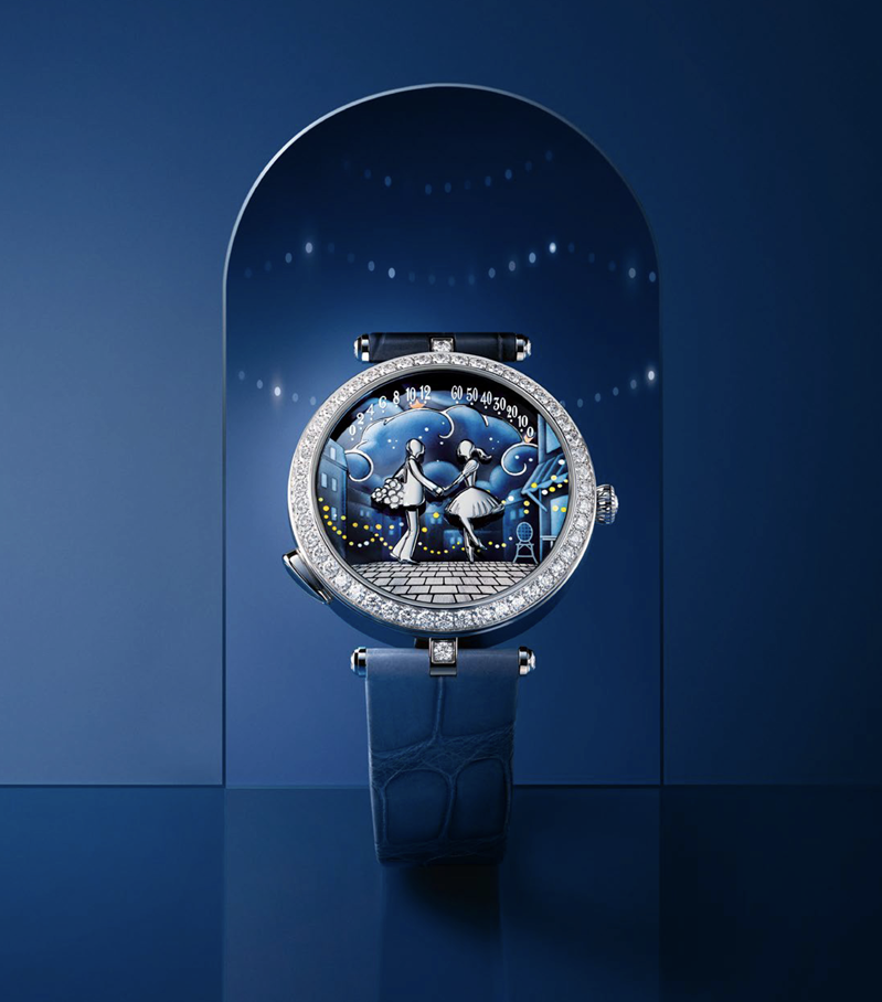 luxury wristwatch featuring a whimsical dance scene with ornate detailing