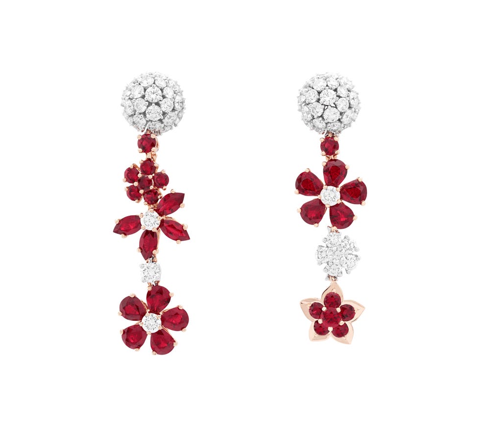 folie des prés earrings white gold, rose gold, rubies, diamonds