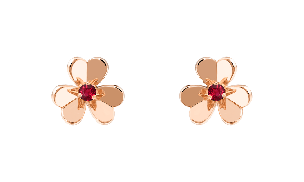 frivole earrings, mini model, rose gold, round rubies