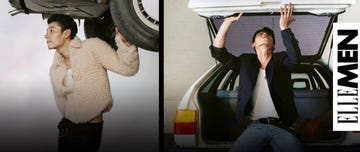 two fashion models posing with unusual objects