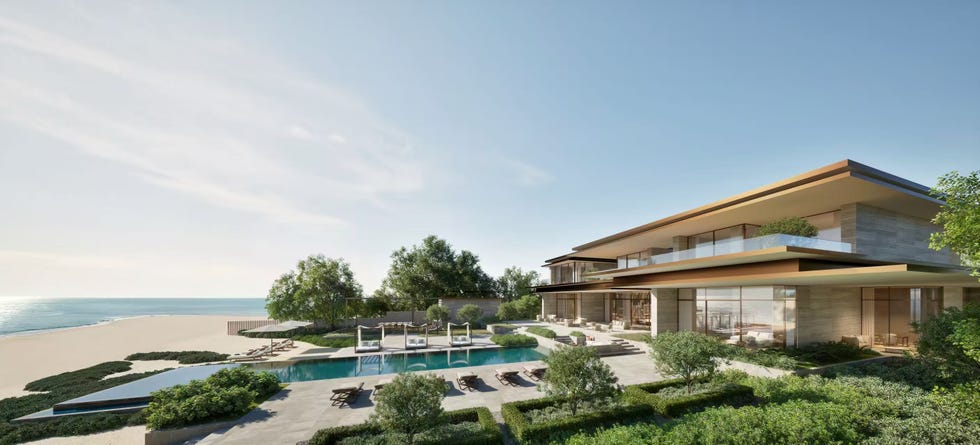 modern beachfront villa with a swimming pool and landscaped garden