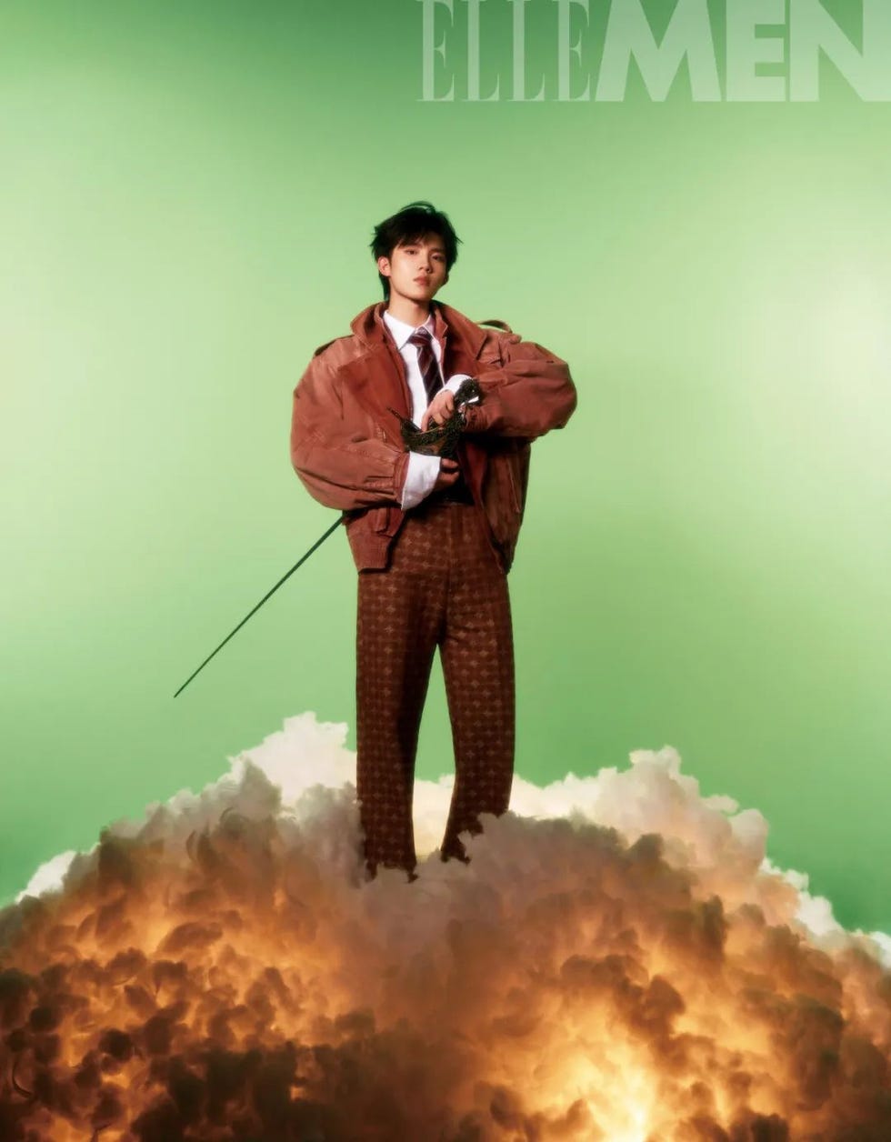 a stylishly dressed figure standing on a cloudlike formation