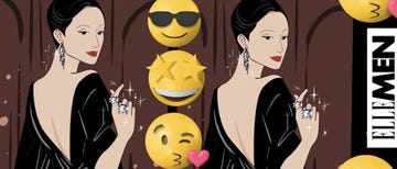 stylized illustration featuring a woman in a black outfit with emojis and branding present