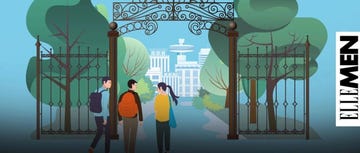 three individuals standing at a decorative gate leading into a parklike area