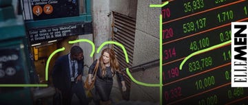 individuals commuting from a subway station with stock market data displayed nearby