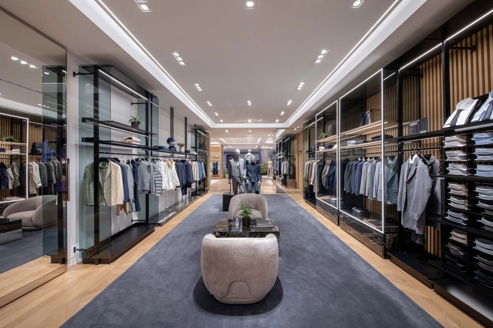 modern clothing retail space with displayed garments