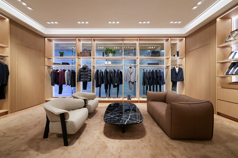 fashion retail interior showcasing suits and outerwear