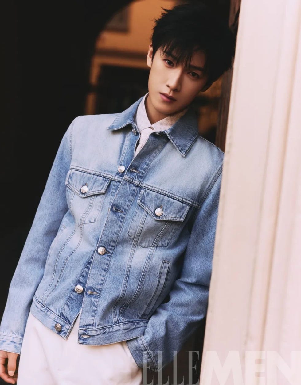 casual fashion look showcasing a denim jacket and shirt