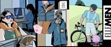 a comic strip illustrating different scenes of people utilizing technology and outdoor activities