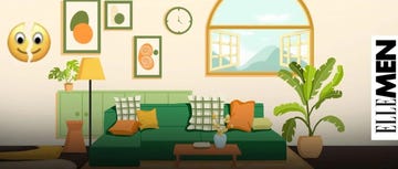 stylish living room with a modern green couch and decorative elements