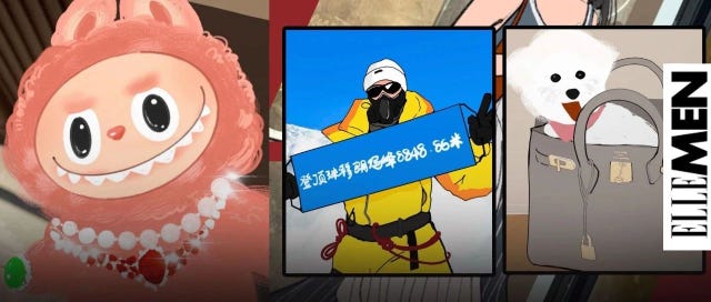 three distinct scenes featuring a cartoon character a mountaineer and a handbag with a dog