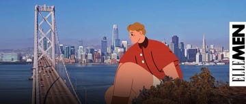 illustration of a person sitting on the bay bridge with a city skyline in the background