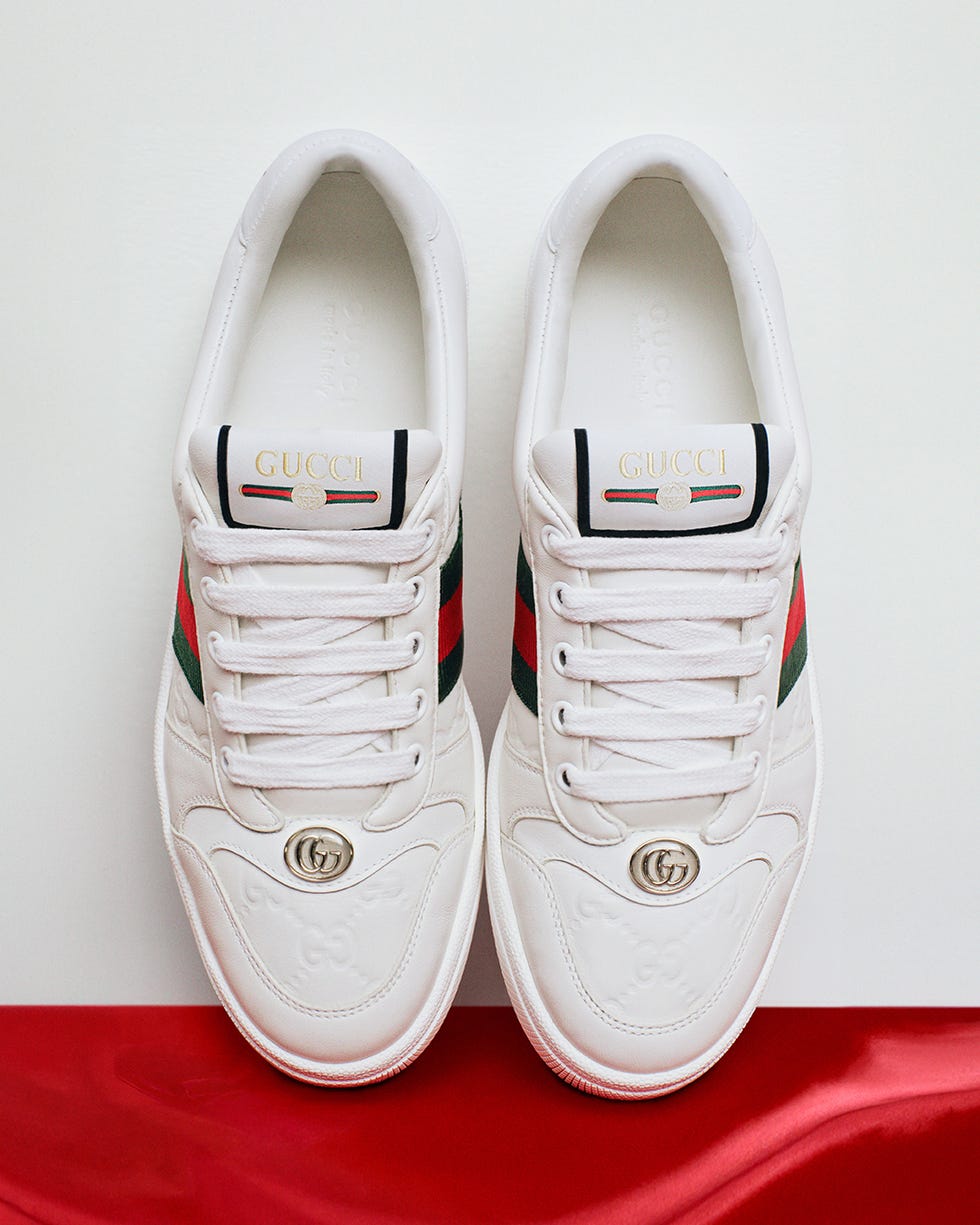 white sneakers with gucci branding and red and green stripes